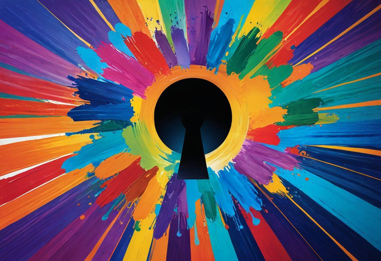 A vibrant, abstract representation of creativity flowing through a keyhole, with colorful elements symbolizing opportunities in the mature content industry, surrounded by tools of the trade like a camera, a script, and paintbrushes. The background should be subtly blurred to maintain focus on the keyhole and creative burst. bold colors and dynamic shapes. super-realistic. vibrant colors.